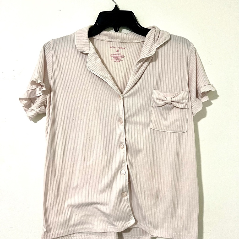 Light Pink Ribbed Button-Front Top with Bow Pocket and Matching Bottoms